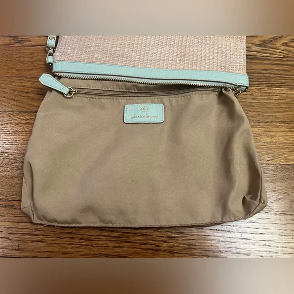 Nanette Lepore Woven Straw Wristlet Pouch - Mint Green Trim Summer Clutch - Picture 6 of 11